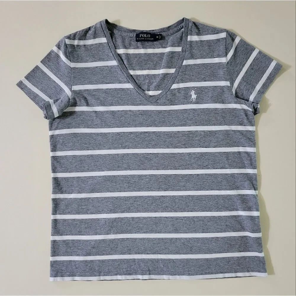 Polo by Ralph Lauren Women's Short Sleeve Gray and White Stripe V-neck Top
